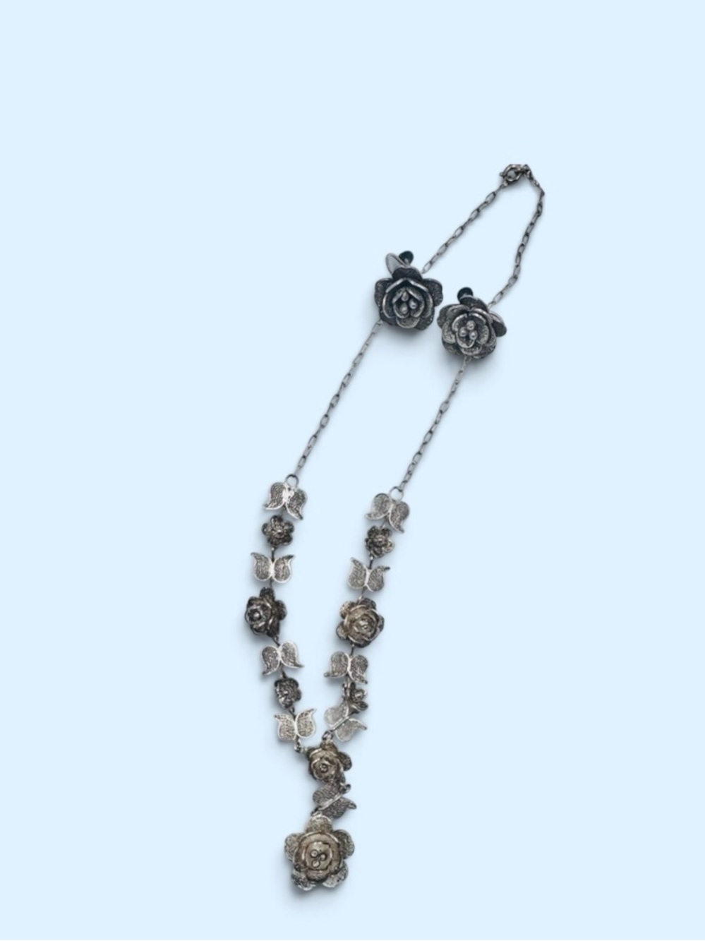 Rare ANTIQUE FILIGREE ROSE BLOSSOM STERING SILVER Necklace & Earrings Set